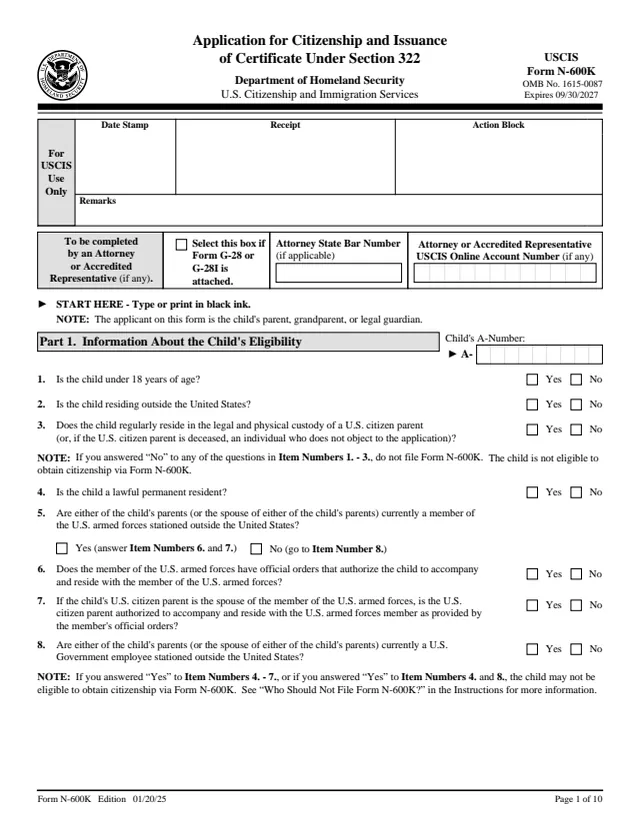 Page 1 of form N-600K