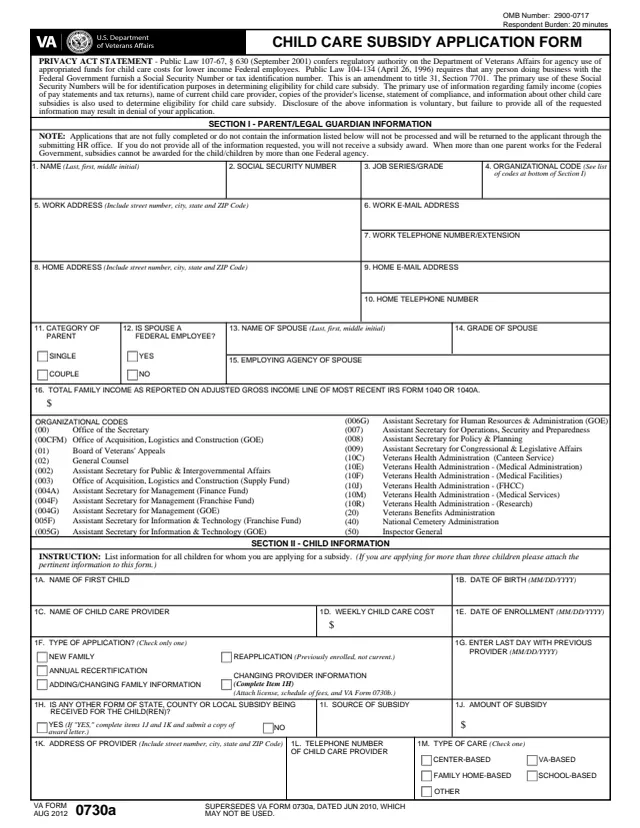 Page 1 of form VA0730a