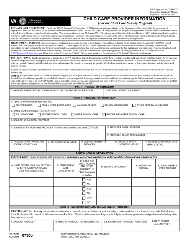 Page 1 of form VA0730b