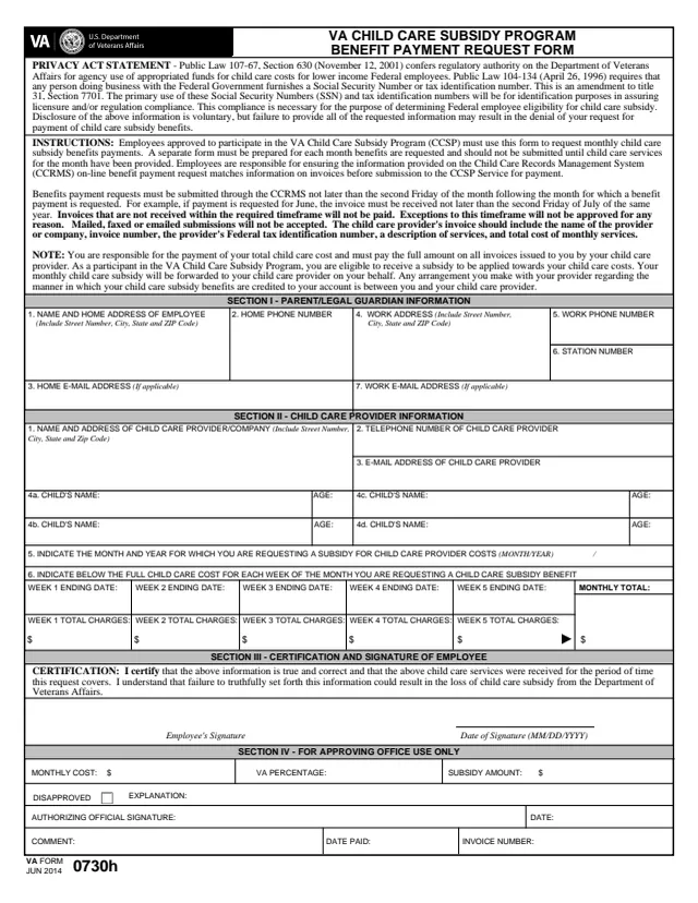 Page 1 of form VA0730h