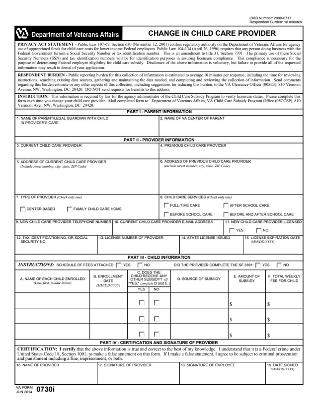 Page 1 of form VA0730i