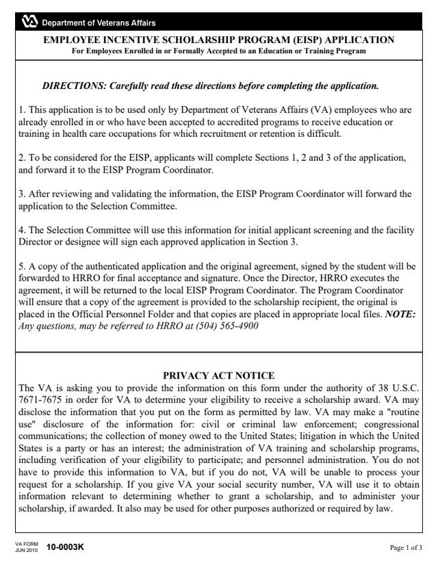 Page 1 of form 10-0003k