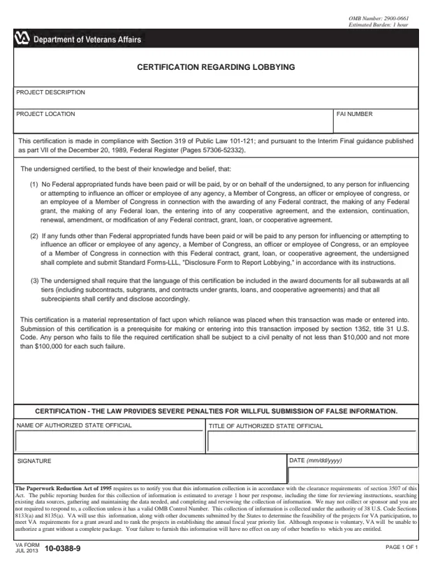 Page 1 of form 10-0388-9