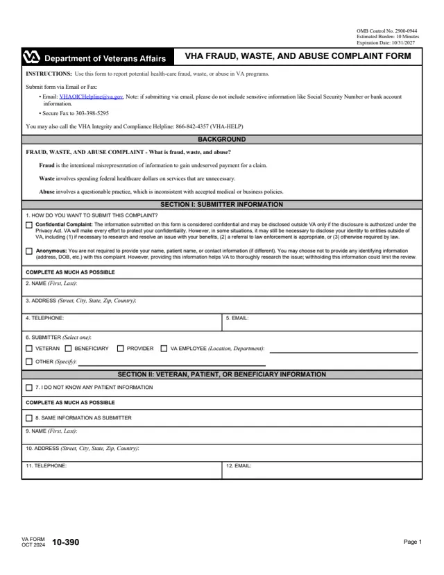 Page 1 of form 10-390