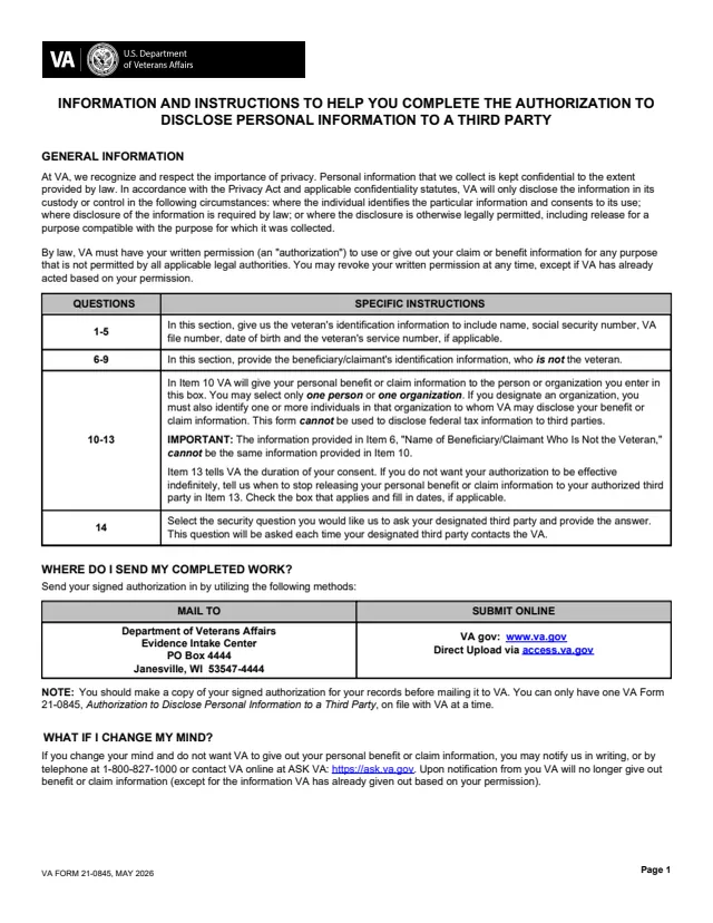 Page 1 of form 21-0845