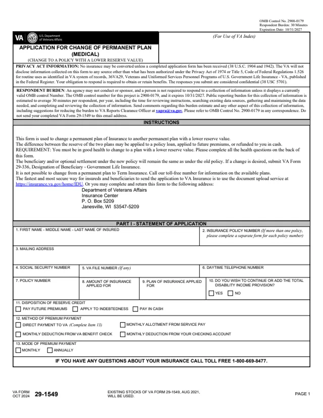 Page 1 of form 29-1549