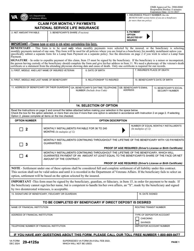 Page 1 of form 29-4125a