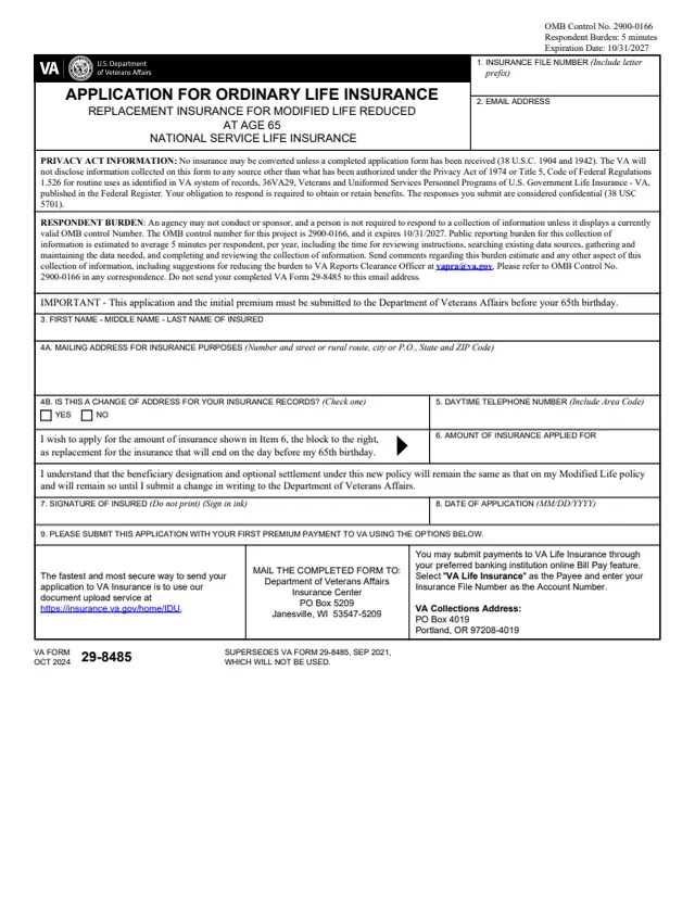 Page 1 of form 29-8485