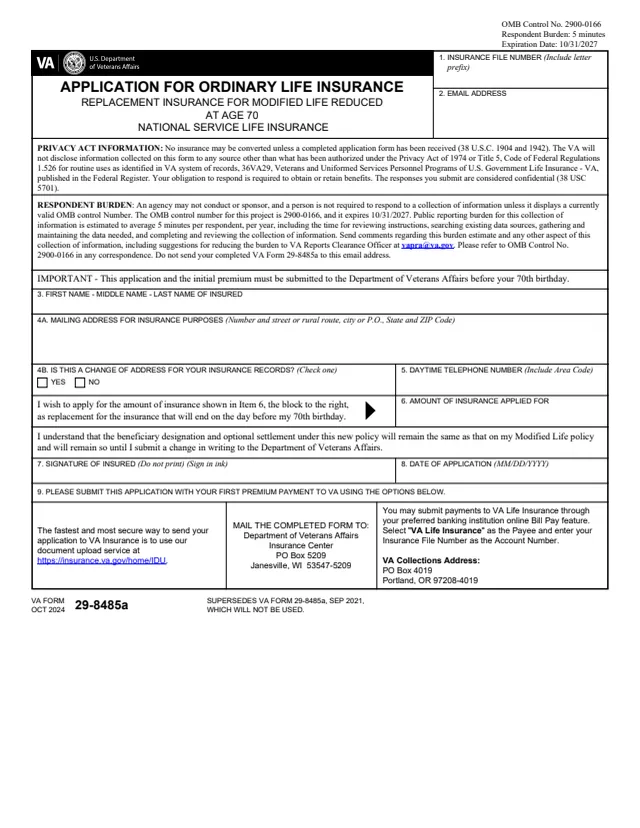 Page 1 of form 29-8485a