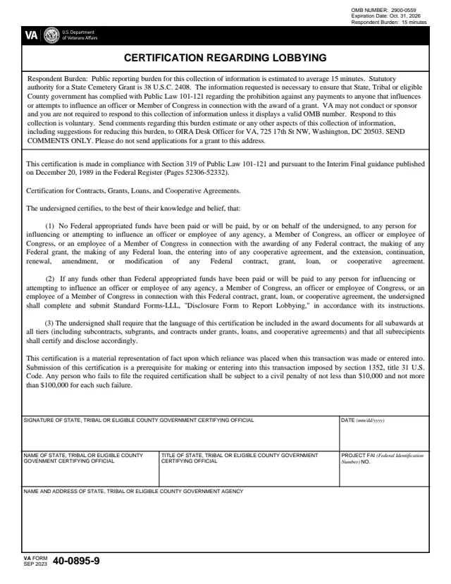 Page 1 of form VA40-0895-9