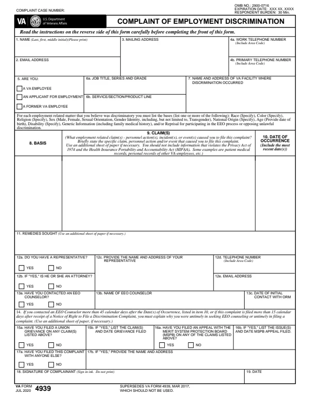 Page 1 of form VA4939