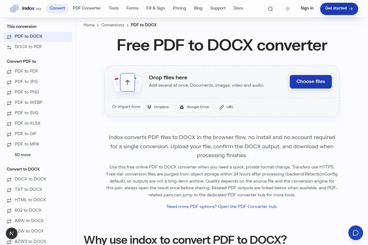 The PDF to Word converter: drop the file, pick Word, start.