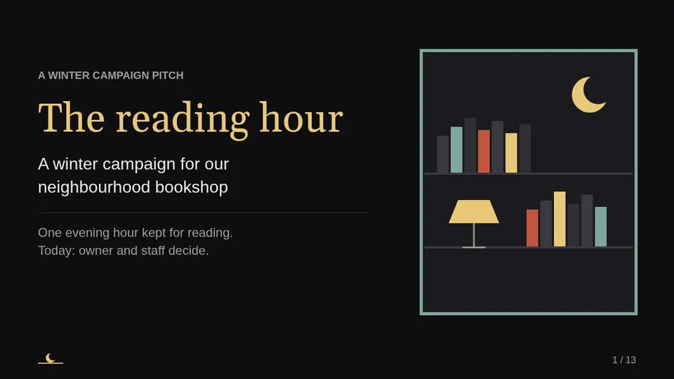 Cover page of the Creative Pitch · Night Shelf example deck