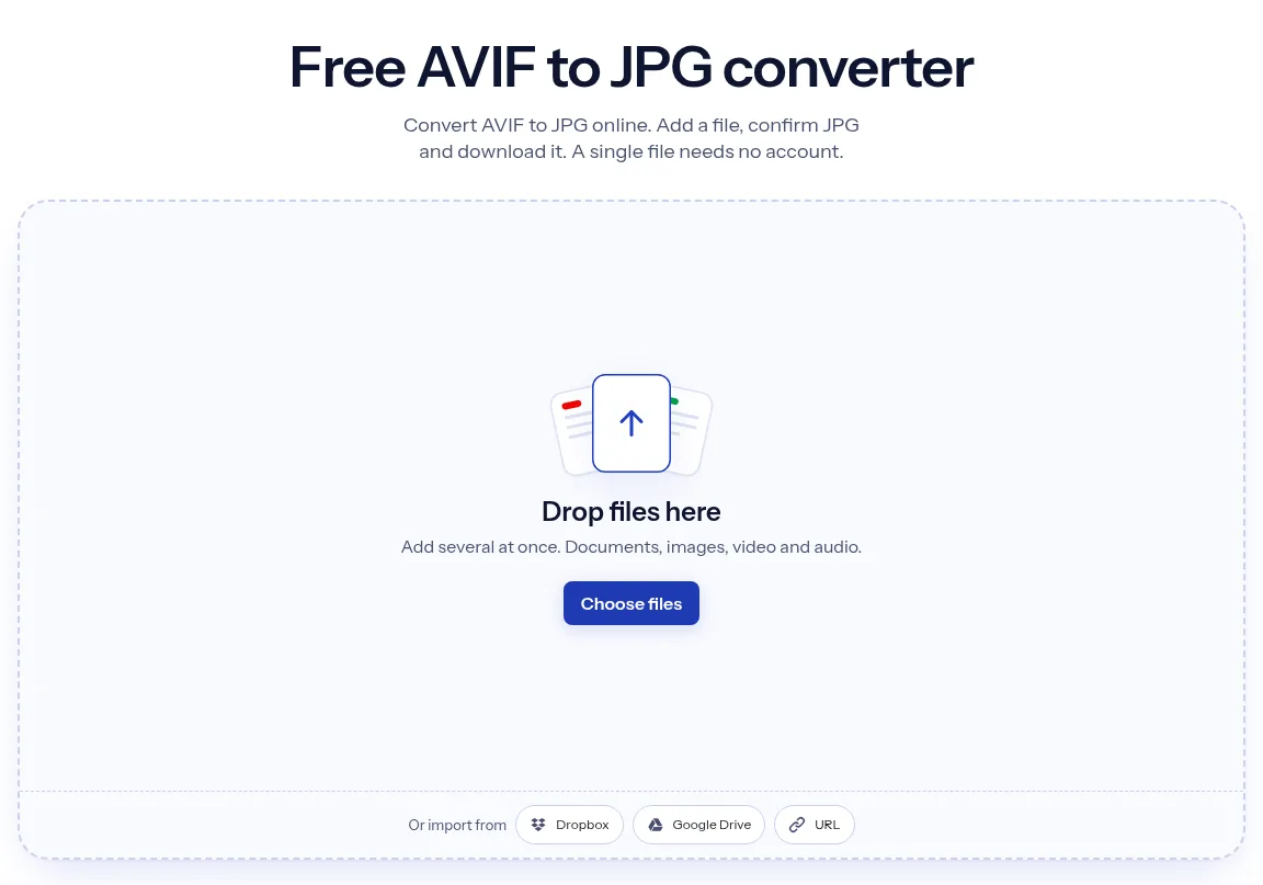 The indox AVIF to JPG converter: drop a file or choose one to convert it to JPG