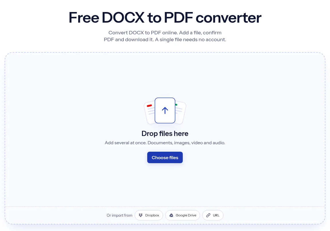 The indox DOCX to PDF converter: drop a file or choose one to convert it to PDF