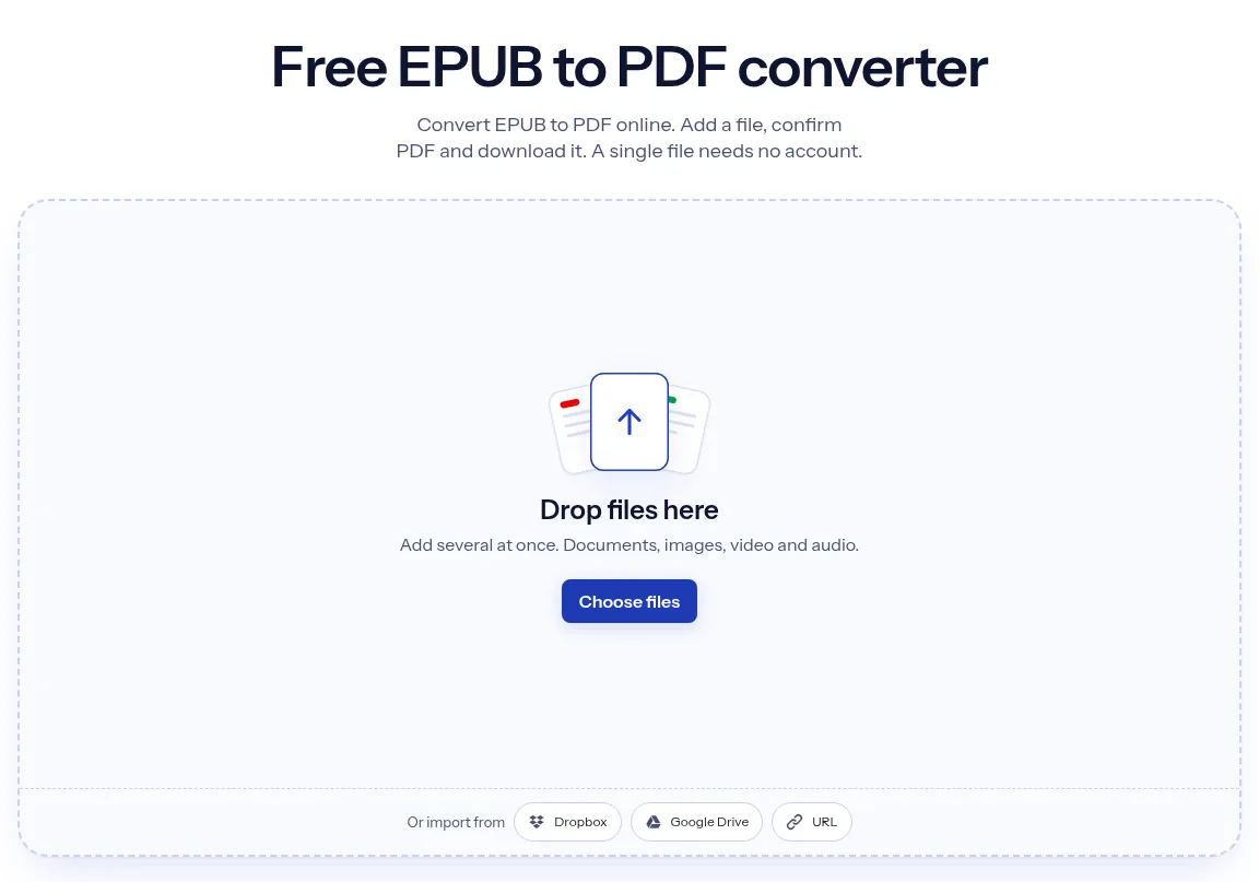 The indox EPUB to PDF converter: drop a file or choose one to convert it to PDF