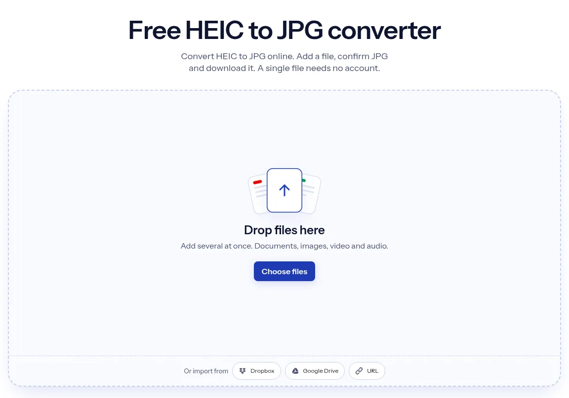 The indox HEIC to JPG converter: drop a file or choose one to convert it to JPG