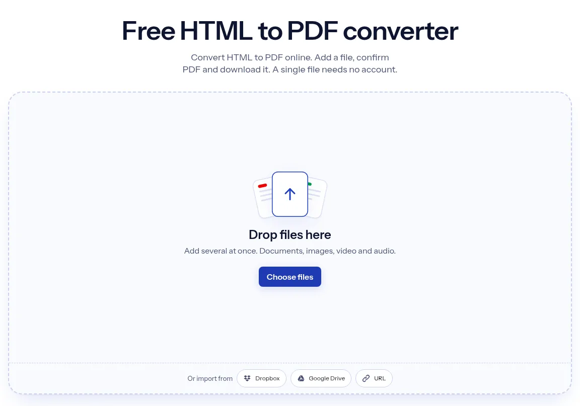 The indox HTML to PDF converter: drop a file or choose one to convert it to PDF