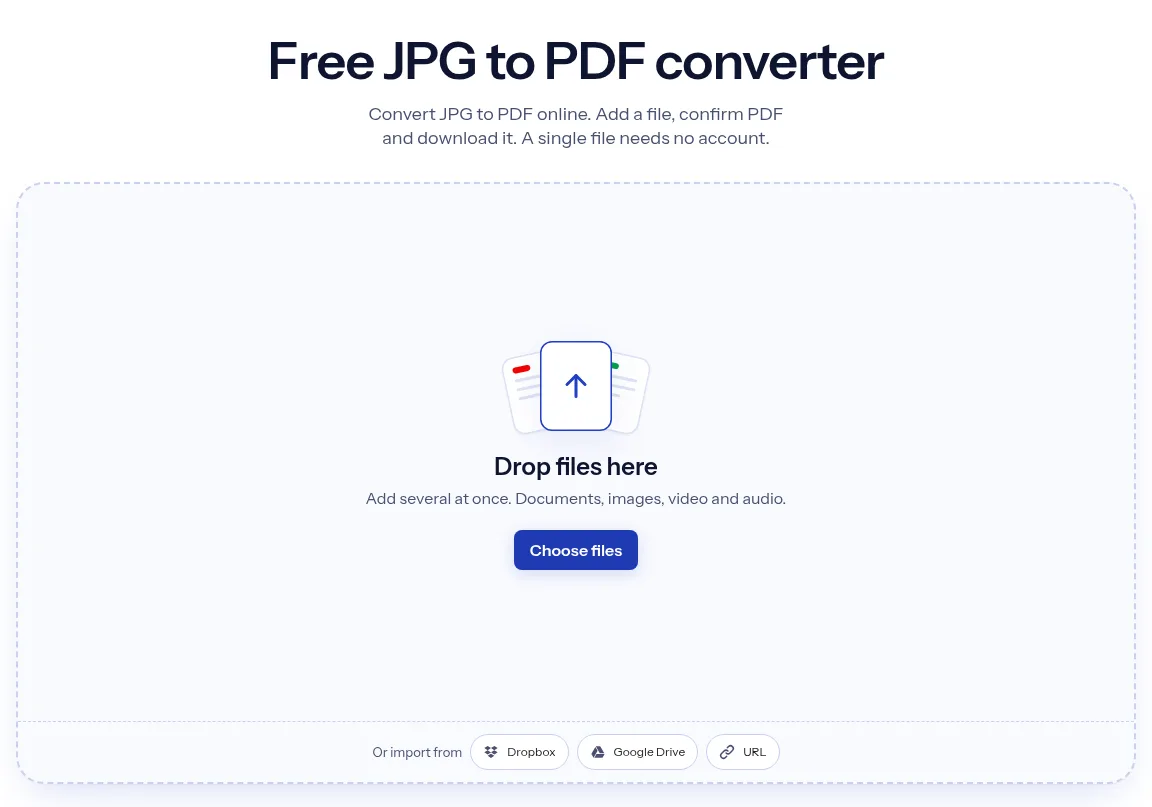 The indox JPG to PDF converter: drop a file or choose one to convert it to PDF