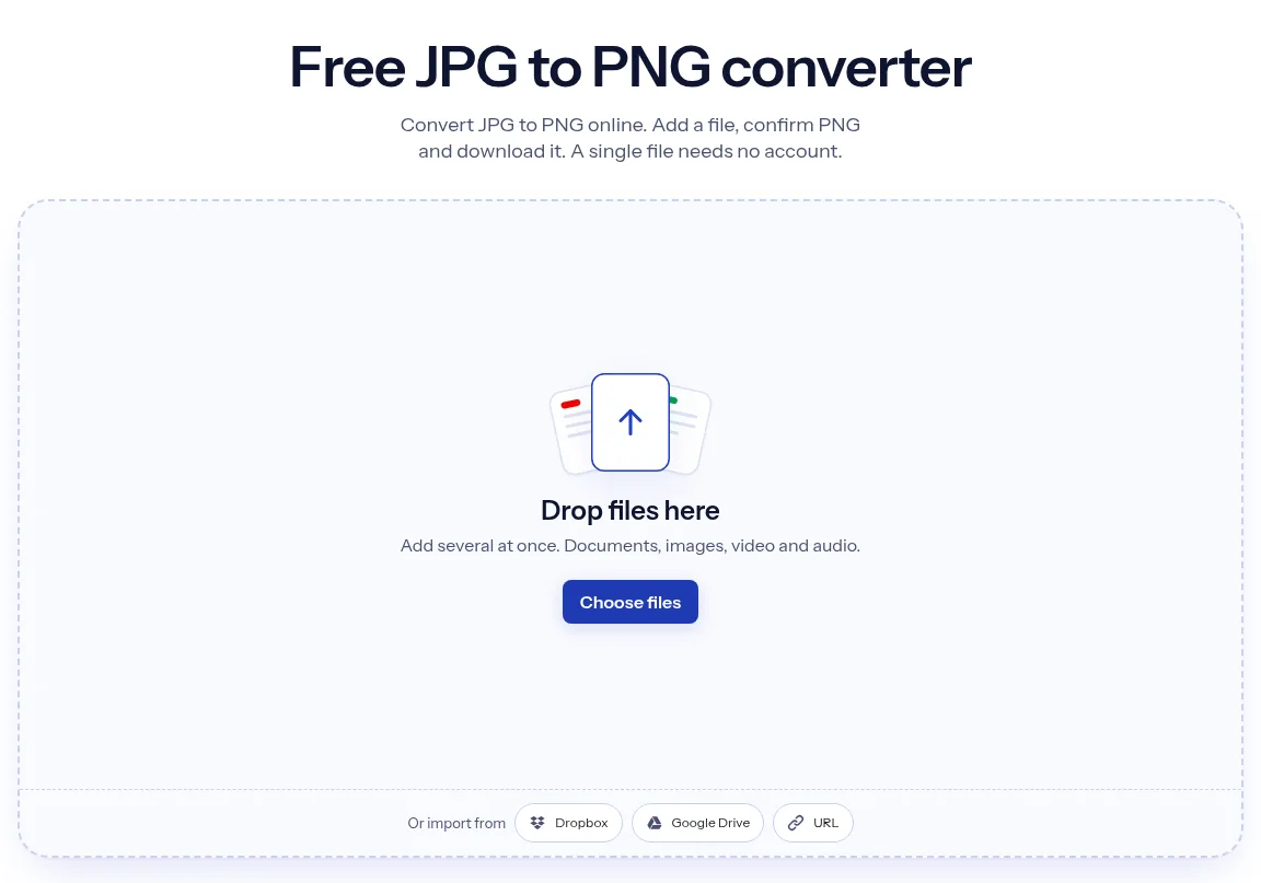 The indox JPG to PNG converter: drop a file or choose one to convert it to PNG