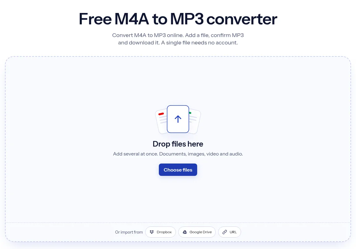 The indox M4A to MP3 converter: drop a file or choose one to convert it to MP3
