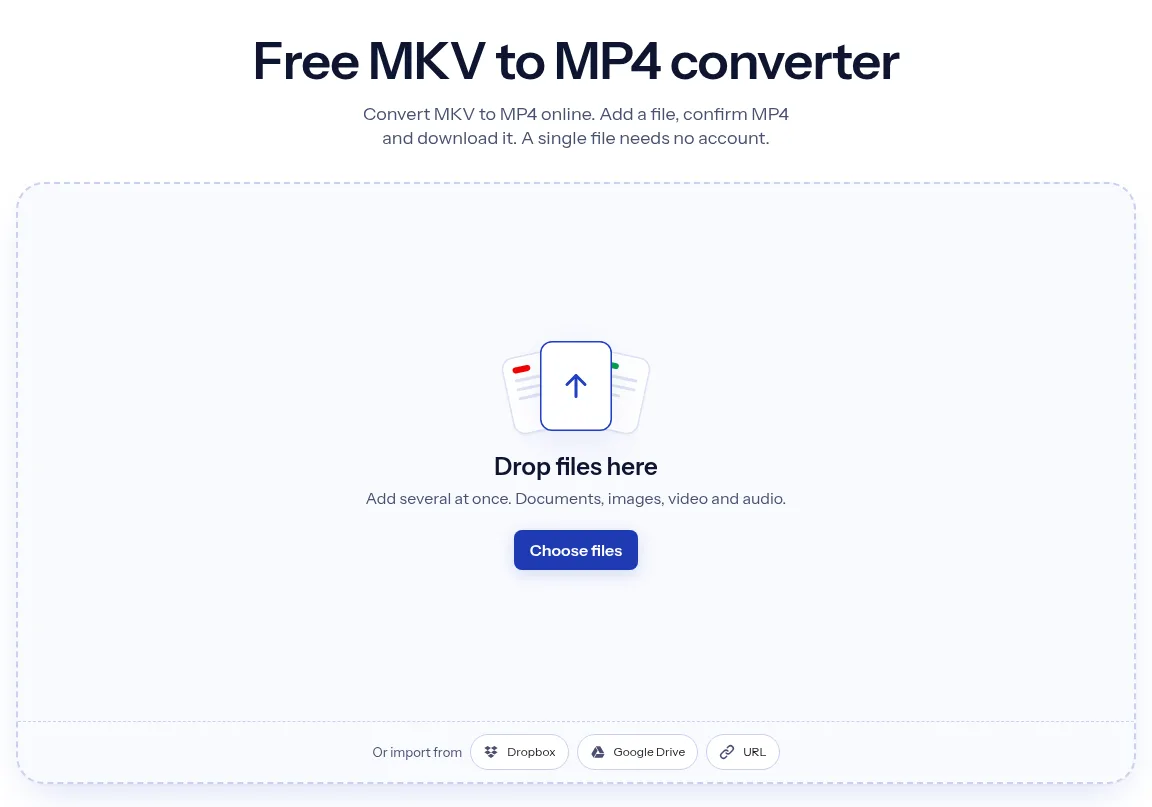 The indox MKV to MP4 converter: drop a file or choose one to convert it to MP4