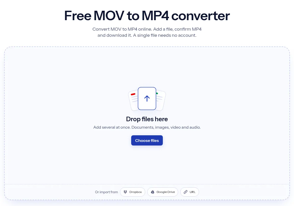 The indox MOV to MP4 converter: drop a file or choose one to convert it to MP4
