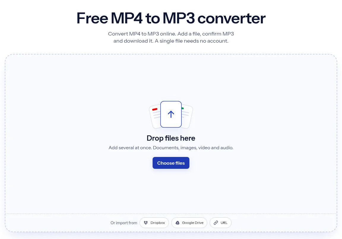 The indox MP4 to MP3 converter: drop a file or choose one to convert it to MP3