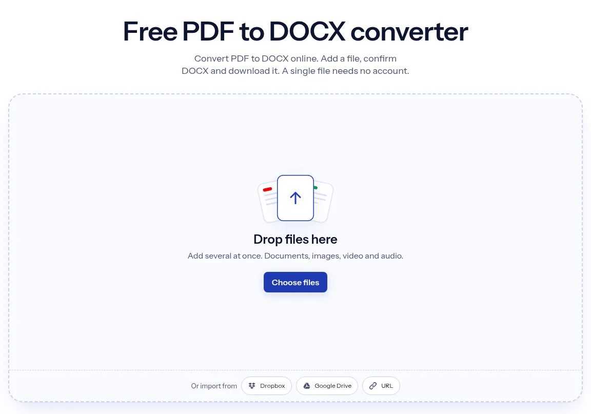 The indox PDF to DOCX converter: drop a file or choose one to convert it to DOCX
