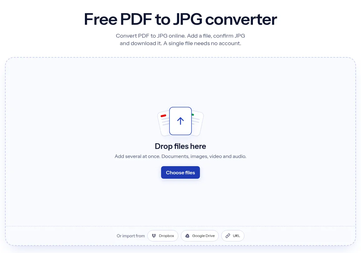 The indox PDF to JPG converter: drop a file or choose one to convert it to JPG