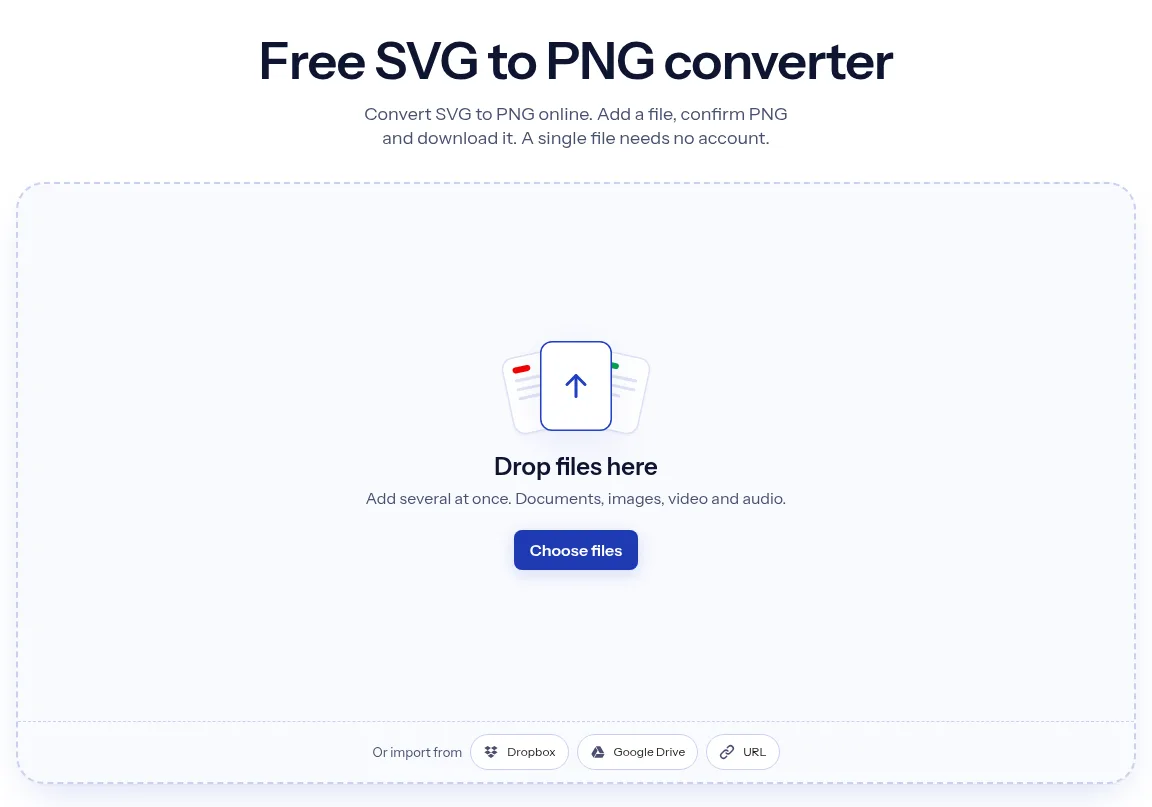 The indox SVG to PNG converter: drop a file or choose one to convert it to PNG