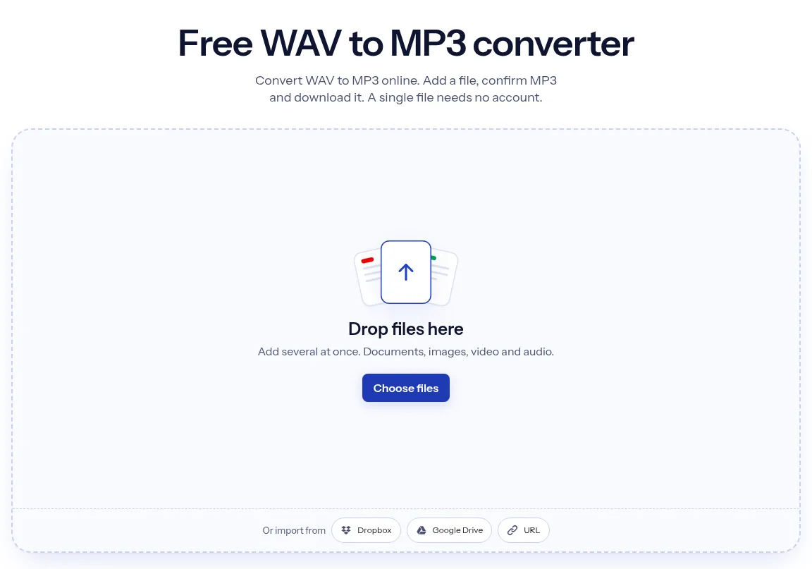 The indox WAV to MP3 converter: drop a file or choose one to convert it to MP3