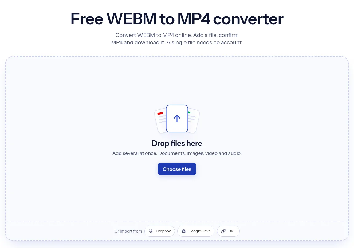 The indox WEBM to MP4 converter: drop a file or choose one to convert it to MP4