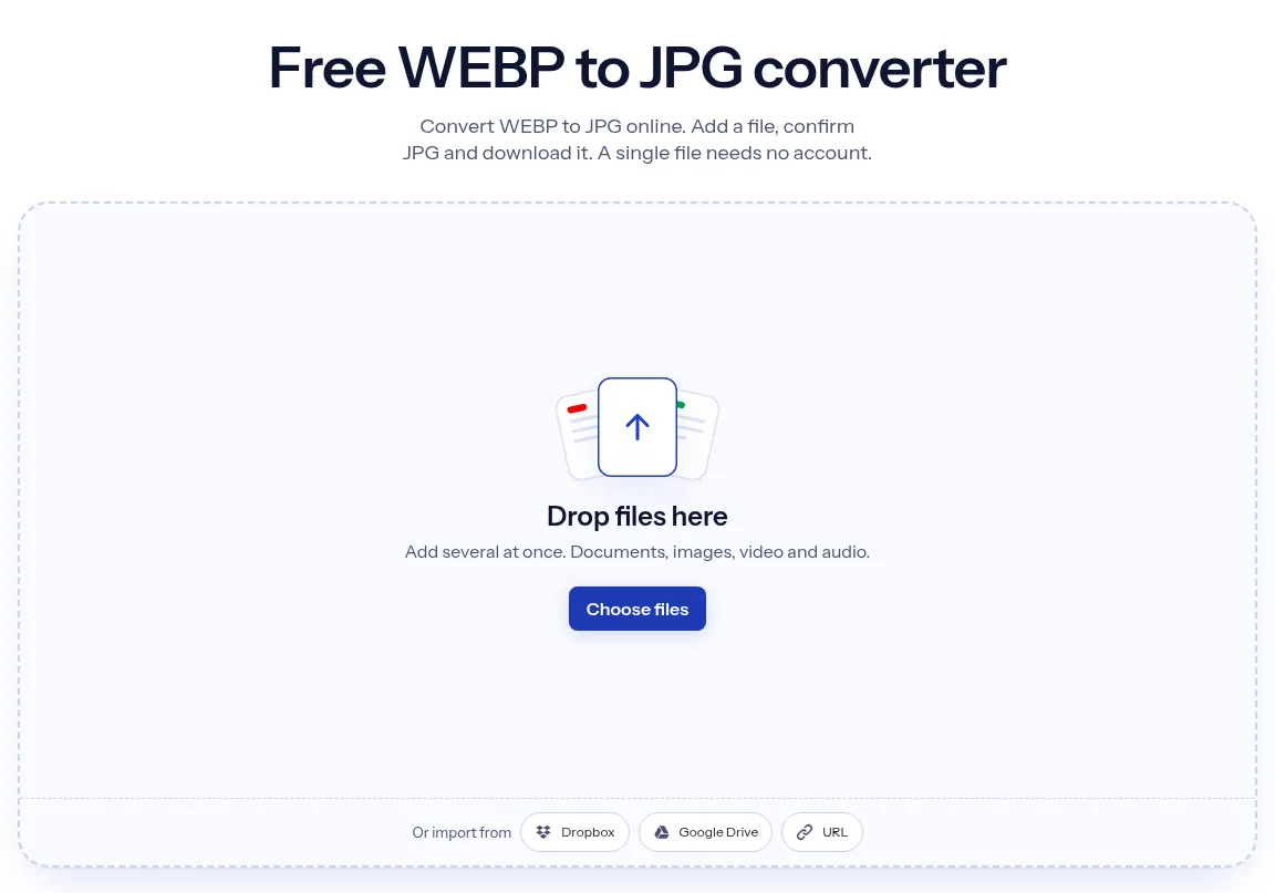 The indox WEBP to JPG converter: drop a file or choose one to convert it to JPG