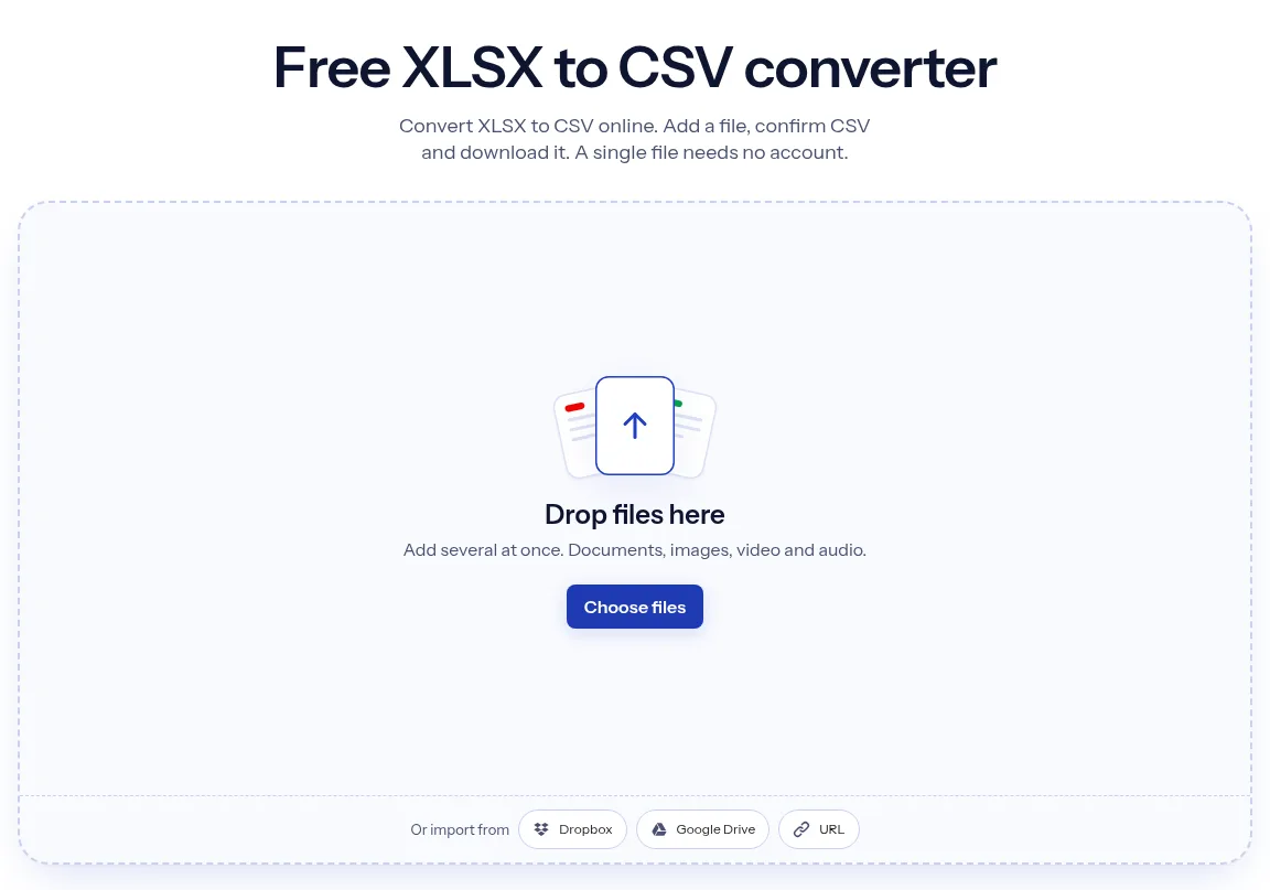 The indox XLSX to CSV converter: drop a file or choose one to convert it to CSV