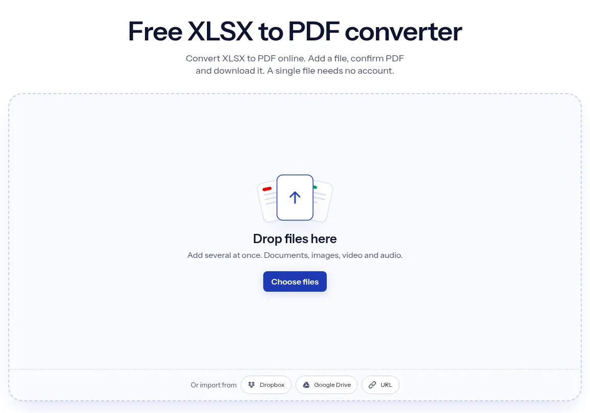 The indox XLSX to PDF converter: drop a file or choose one to convert it to PDF