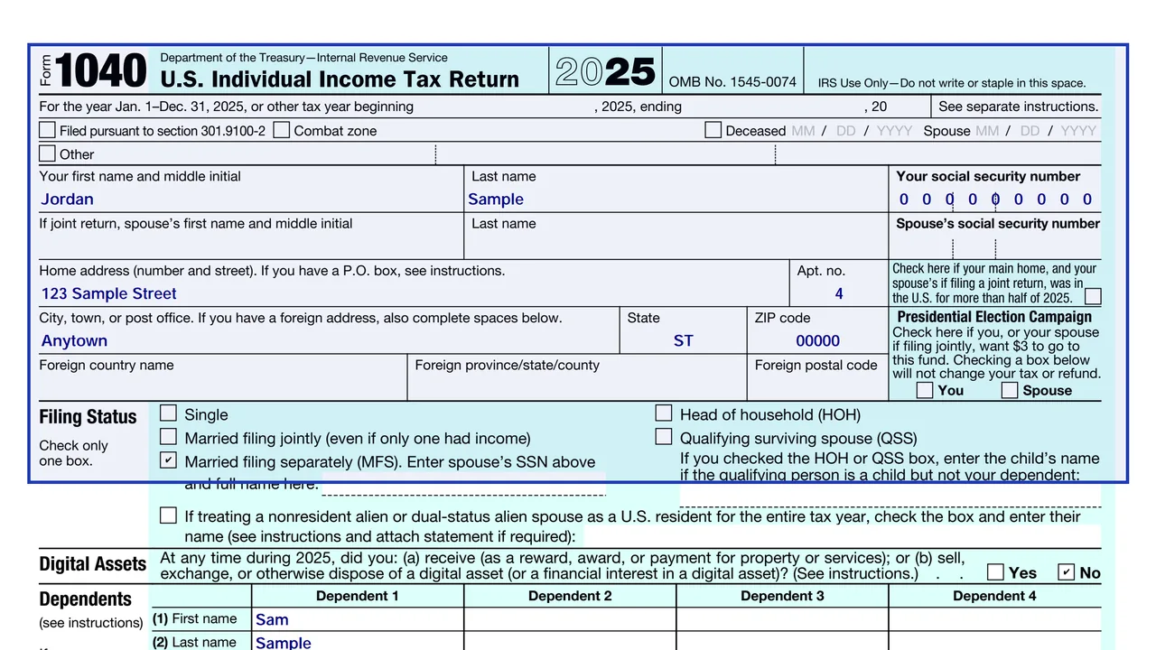Page 1 of the 2025 Form 1040 with its title area, filing status boxes and the income lines below