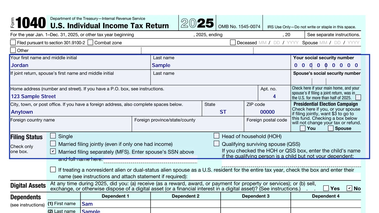Top of Form 1040 page 1 with name, Social Security number, address and the five filing status checkboxes