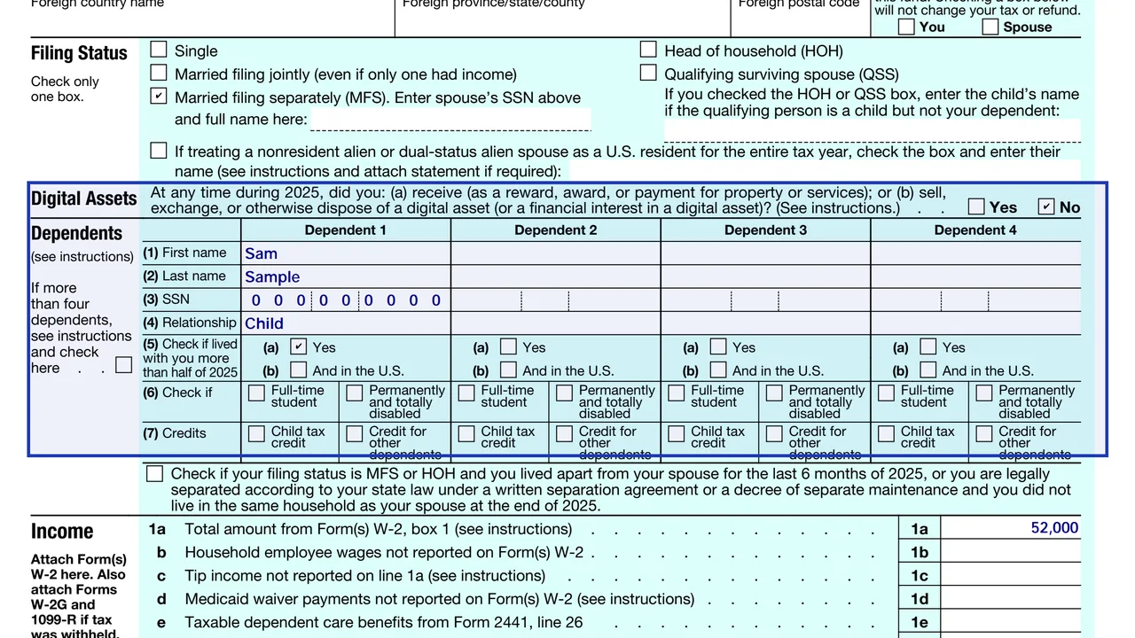 Form 1040 dependents section with numbered rows for name, Social Security number, relationship and credit boxes