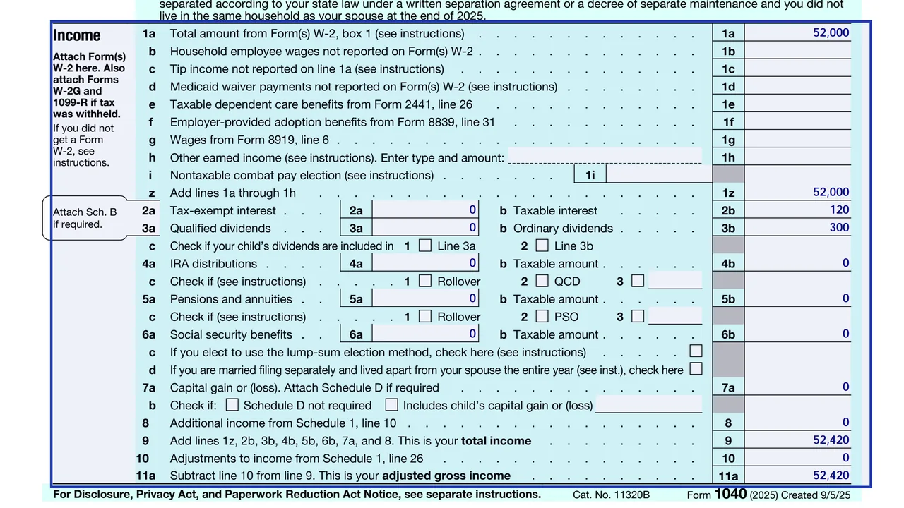 Form 1040 income lines 1a through 9 covering wages, interest, dividends, IRA and pension payments, Social Security and capital gain