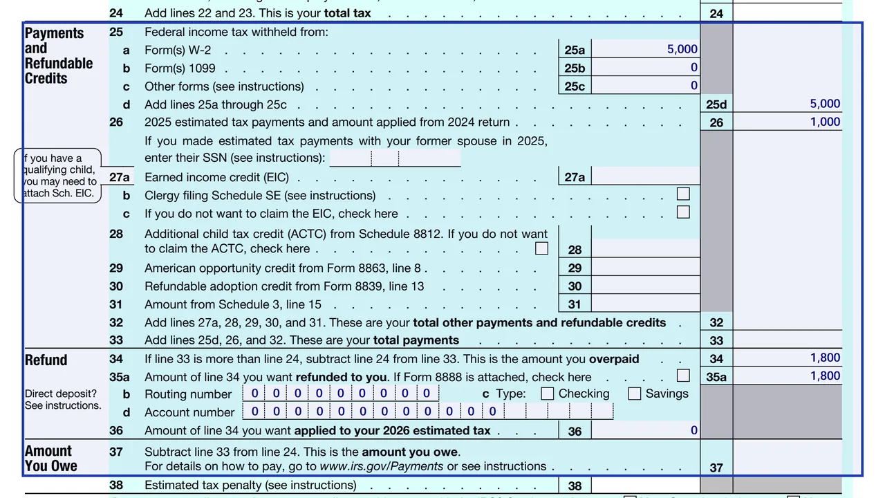 Form 1040 lines 25 to 37 with withholding, estimated payments, refund and direct deposit fields, and amount you owe