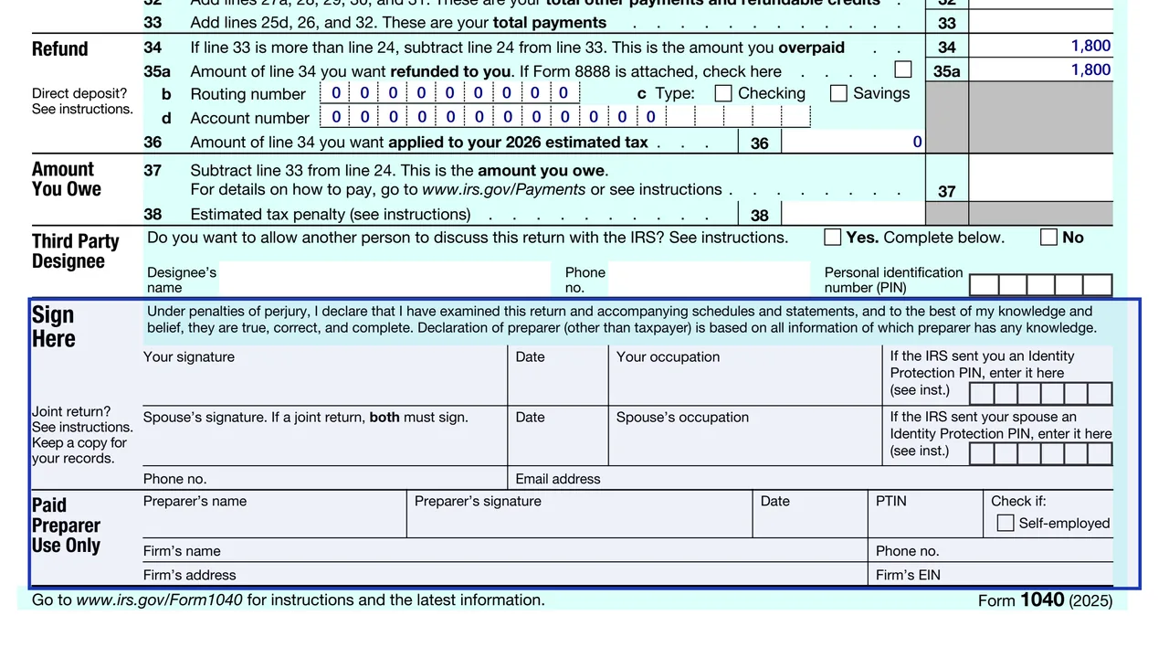 Sign Here block at the end of Form 1040 page 2 with spouse signature, preparer fields and identity protection PIN box