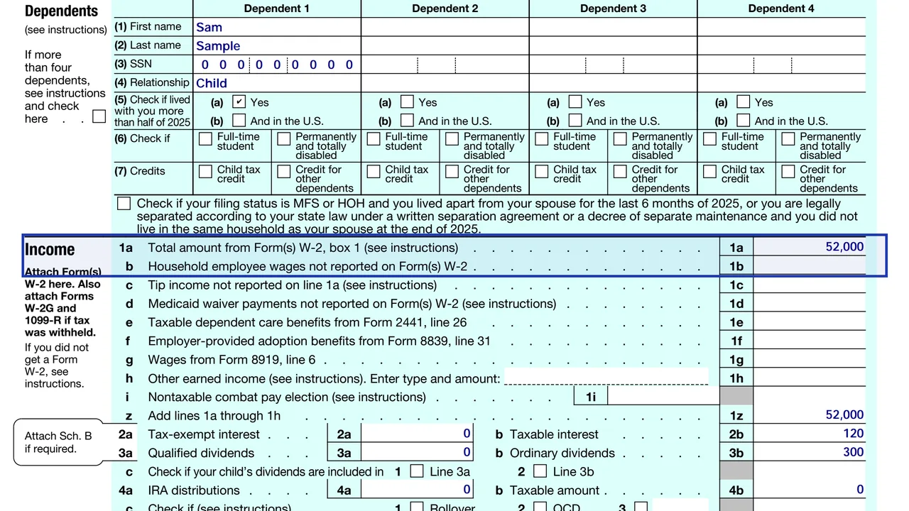 Form 1040 line 1a with wages from Form W-2 box 1 entered, sample values