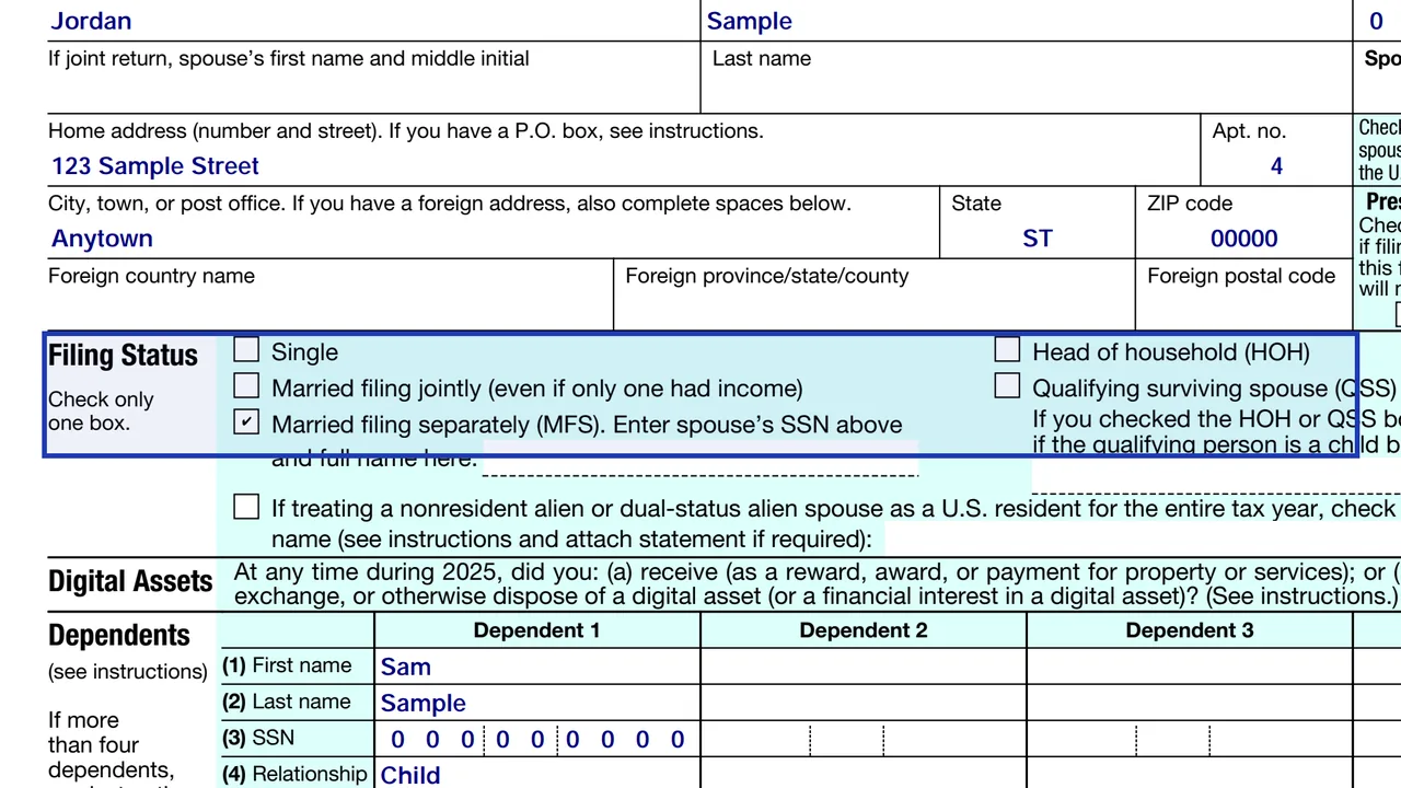 Form 1040 filing status area with one box checked, sample values