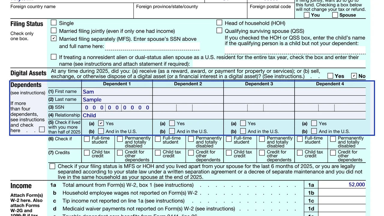 Form 1040 dependent 1 column filled with name, Social Security number and relationship, sample values