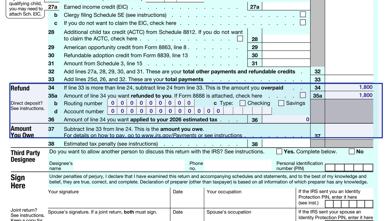 Form 1040 lines 34 to 37 with routing and account numbers on lines 35b to 35d, sample values