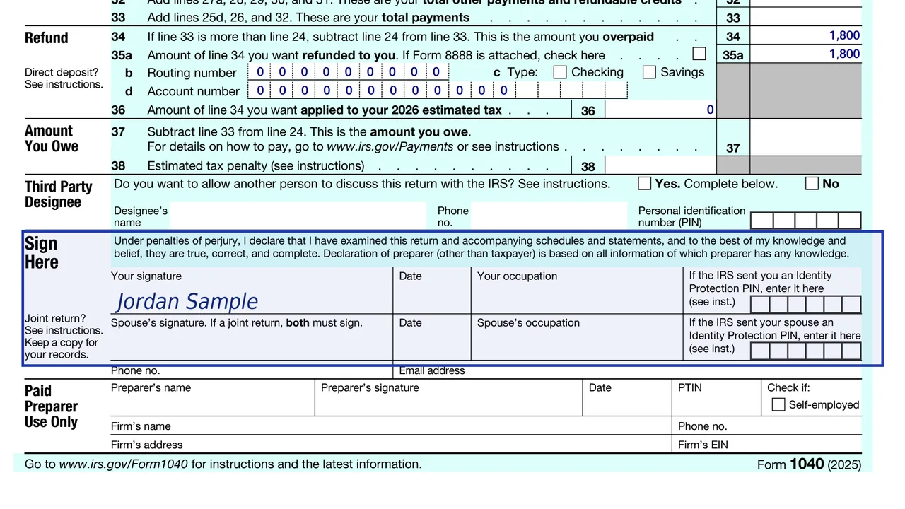 Sign Here block on Form 1040 with a signature, the spouse signature line and identity protection PIN boxes
