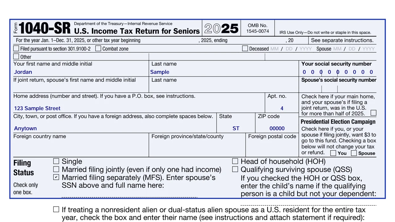 Page 1 of the 2025 Form 1040-SR, U.S. Income Tax Return for Seniors, with its title area and filing status boxes