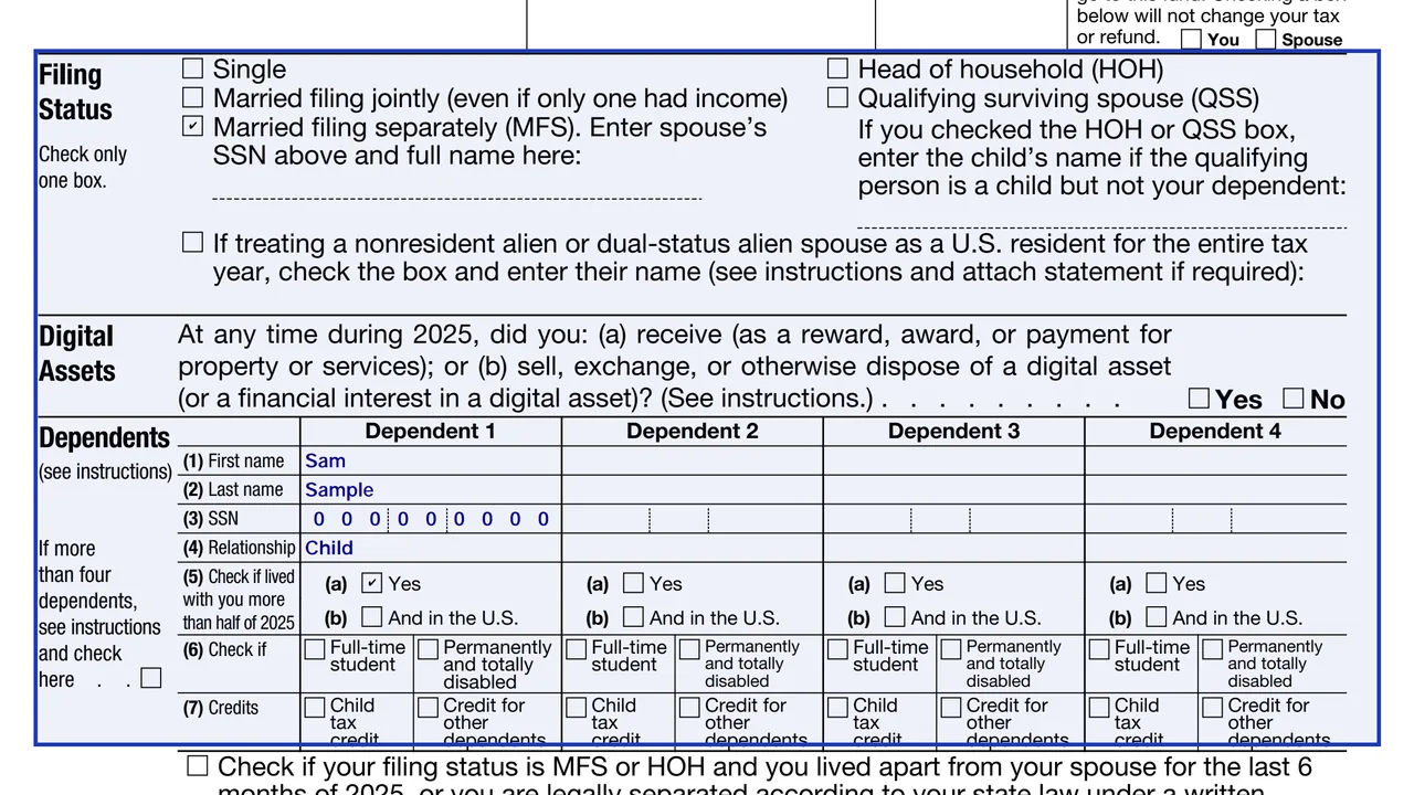 Form 1040-SR page 1 with filing status boxes, the digital assets question and four dependent columns