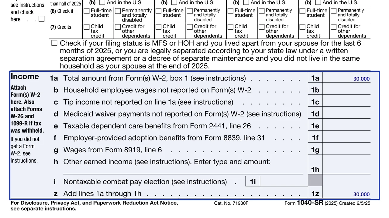 Form 1040-SR income lines 1a through 9 with wages, interest, dividends, IRA, pensions, Social Security and capital gain